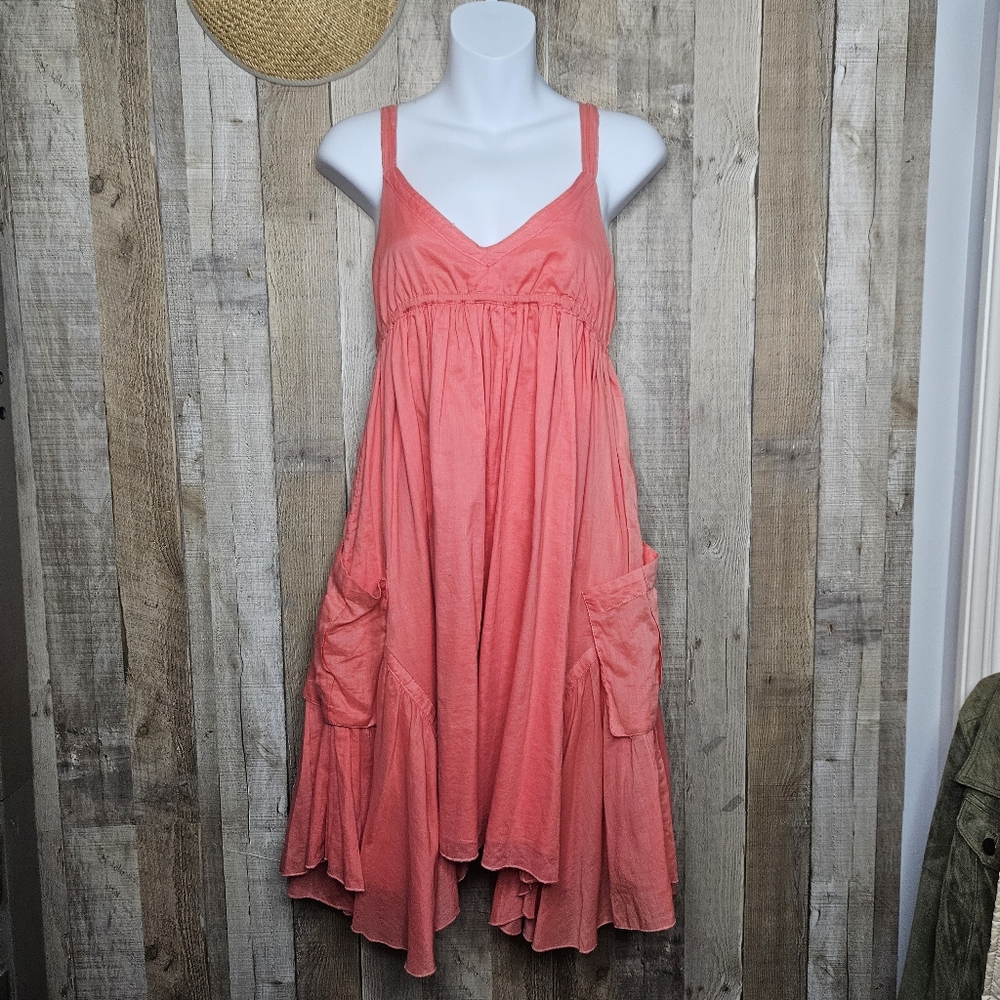 Tea Deep Plunge Empire Waist A-line Flowy Pullover Dress In Coral Size Medium